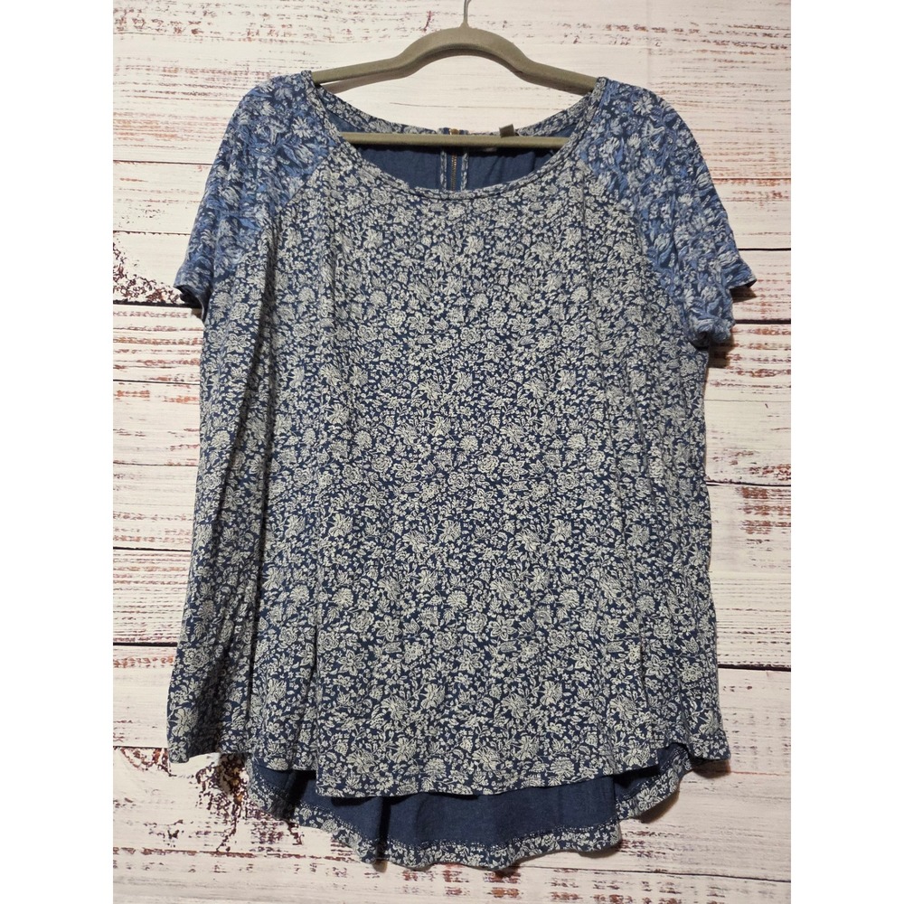 Lucky Brand Womens XL Blue Floral Mixed Print Short Sleeve Zipper Back Blouse